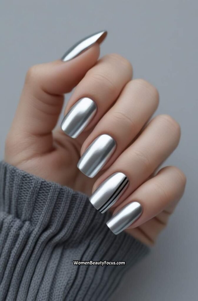 12. Metallic Silver Nails with Minimalist Design