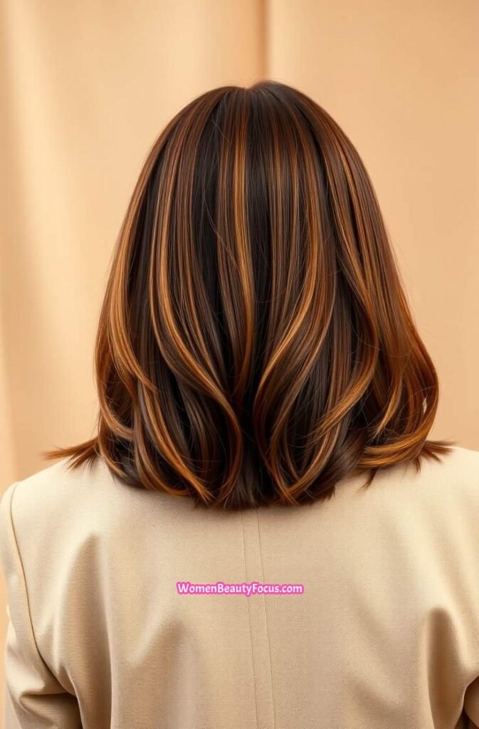 12. Mid Length Cut with Maple Toned Highlights Back View