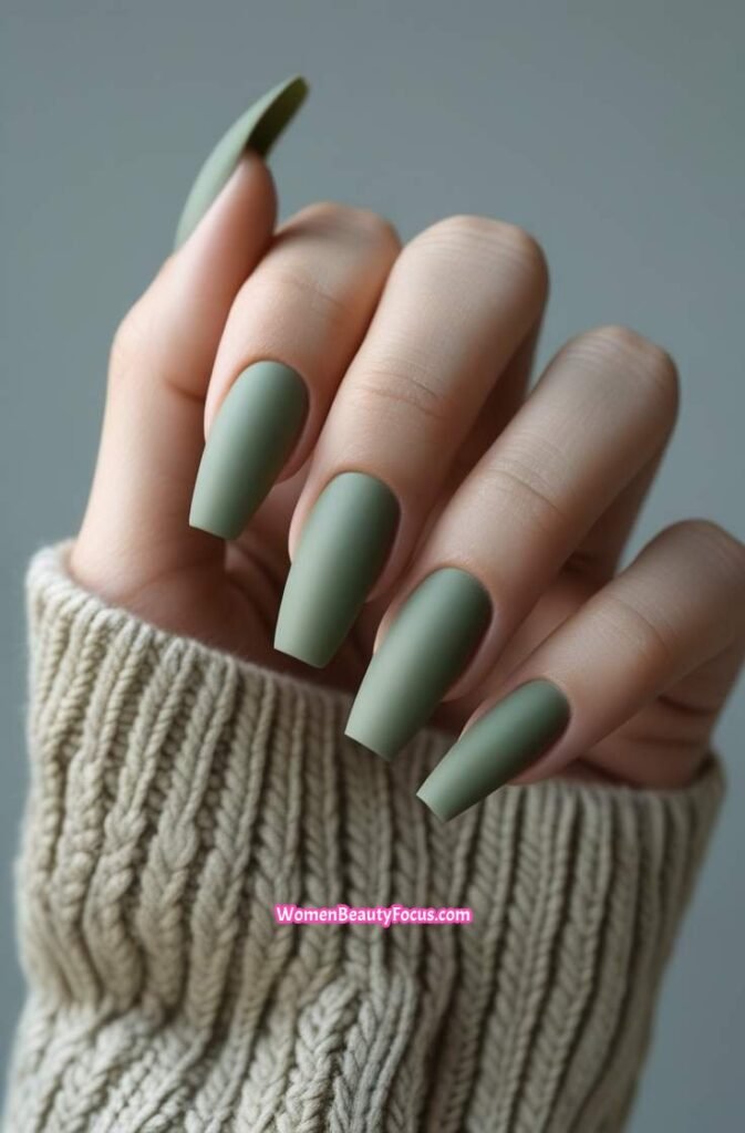 12. Moss Green Coffin Nails with Matte Finish