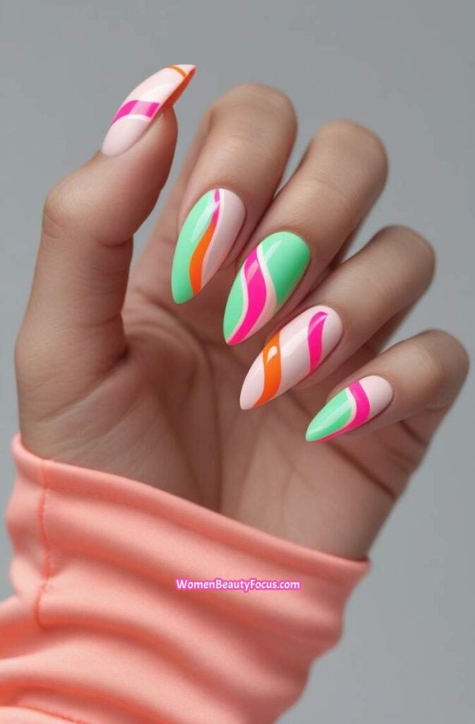 12. Nails with Neon Abstract Lines