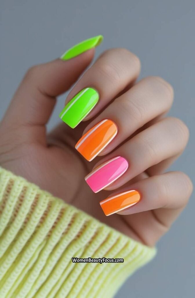 12. Neon Color Block Nails