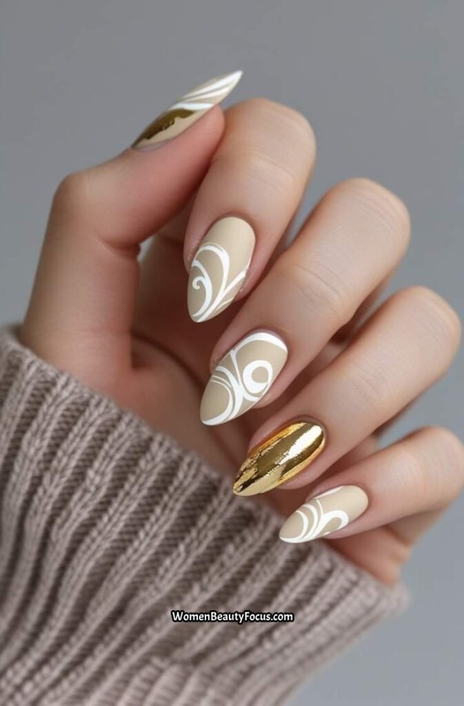 12. Neutral Swirl Nails with Gold Foil