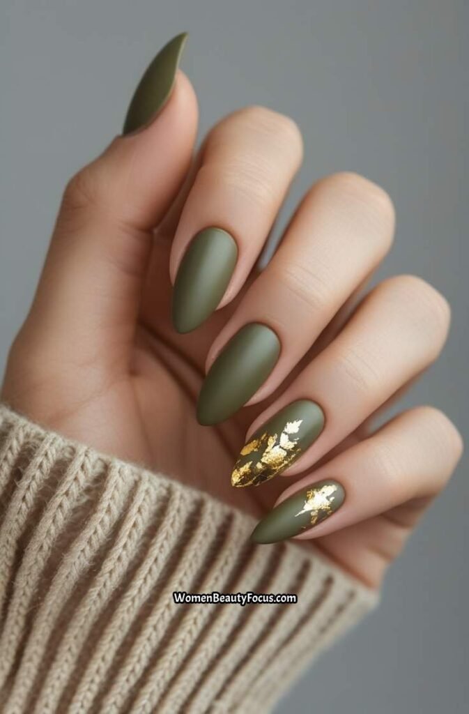12. Olive Green Nails with Gold Leaf Detail