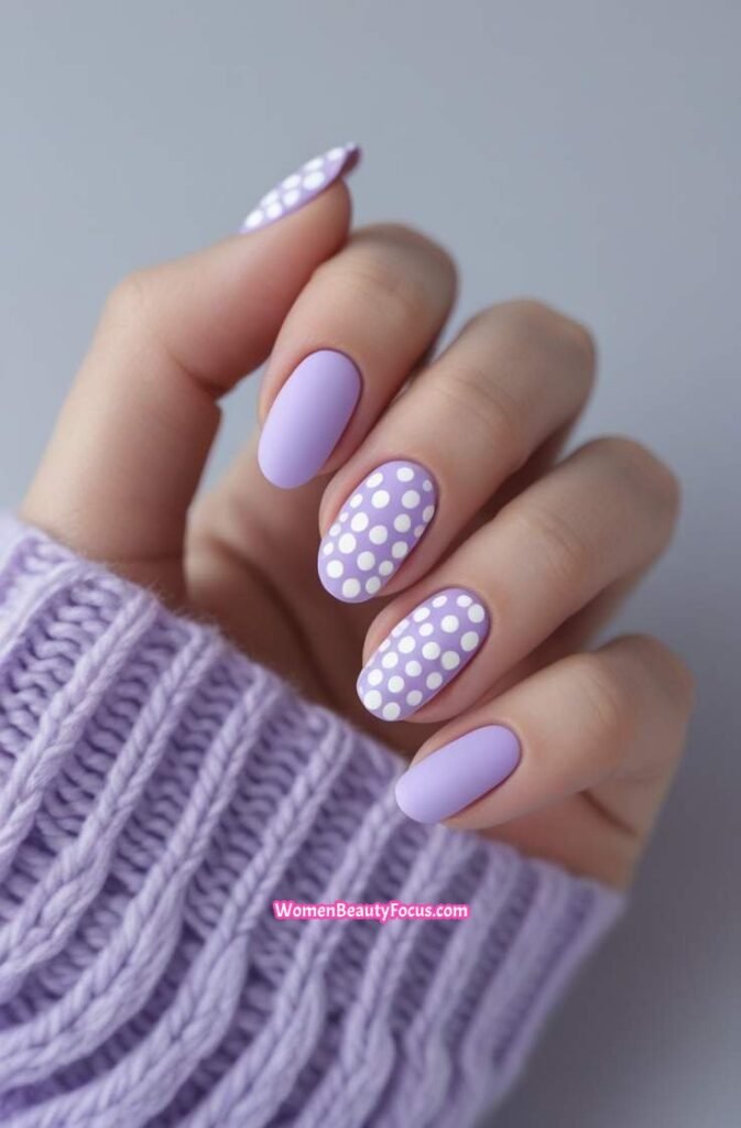 12. Pastel Purple Nails with White Dots