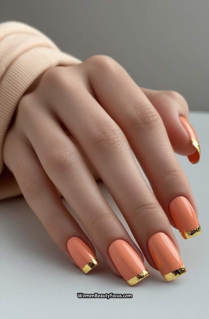 12. Peachy Coral Nails with Gold Foil