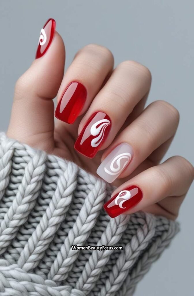 12. Red Glass Nails with Milky White Swirls