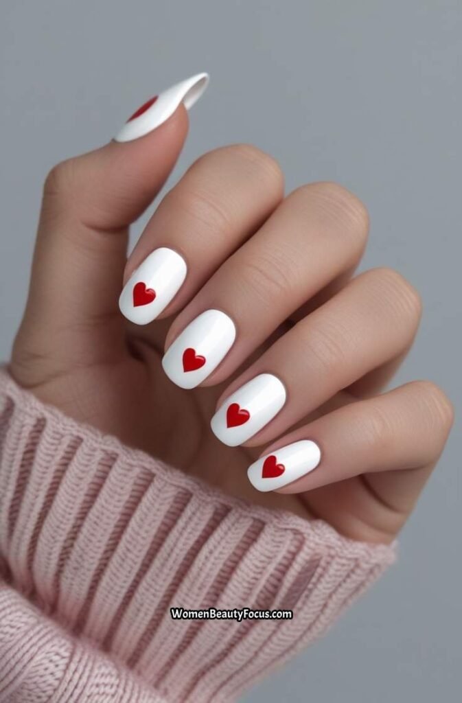 12. Red Heart Accent Nails on White Base