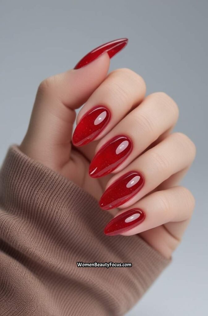 12. Red Jelly Nails with Subtle Shine