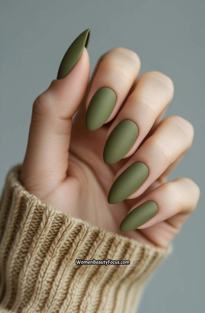 12. Short Acrylic Nails with Matte Olive Green Finish