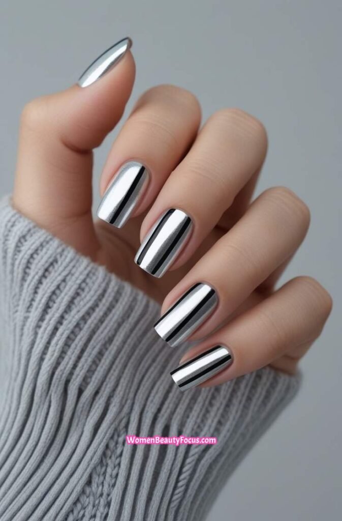 12. Silver Chrome Nails with Geometric Designs