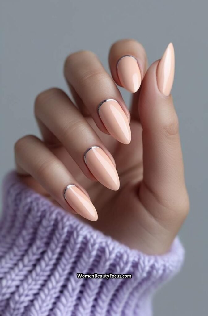 12. Soft Peach Nails with Silver Accent