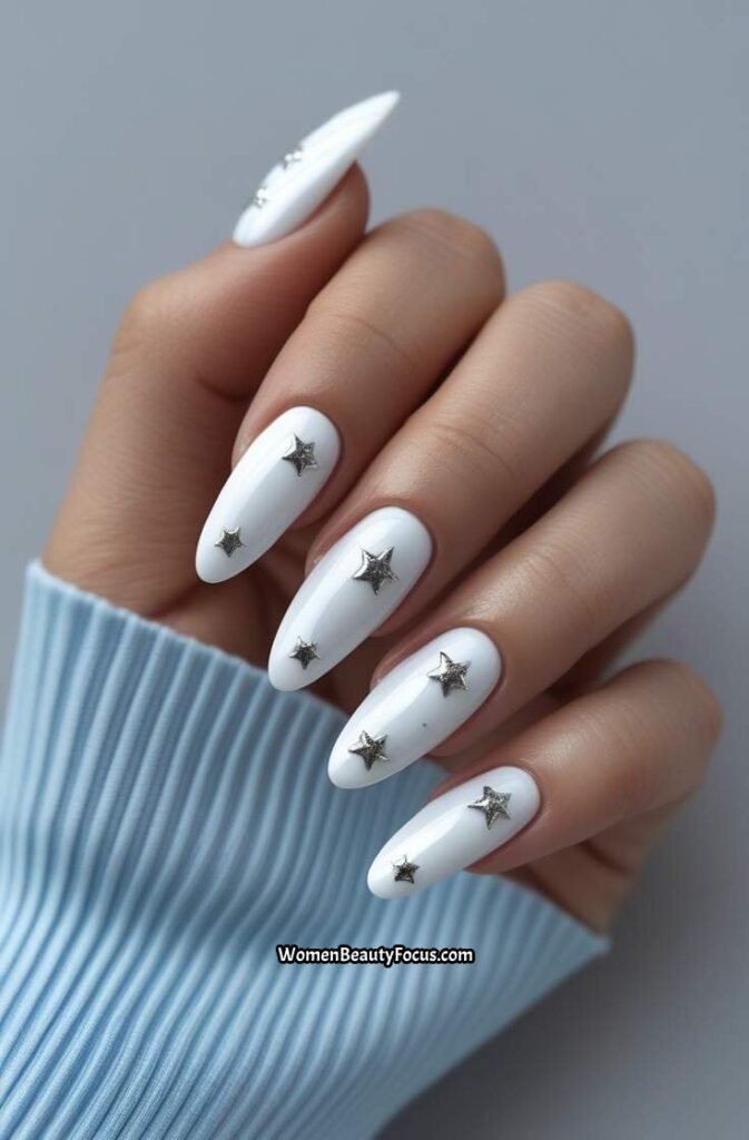 12. White Nails with Tiny Silver Stars