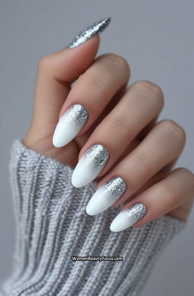 12. White and Silver Glitter Gradient Nails
