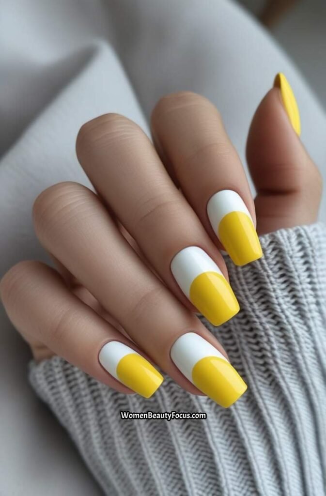 12. Yellow and White Half Moon Nails
