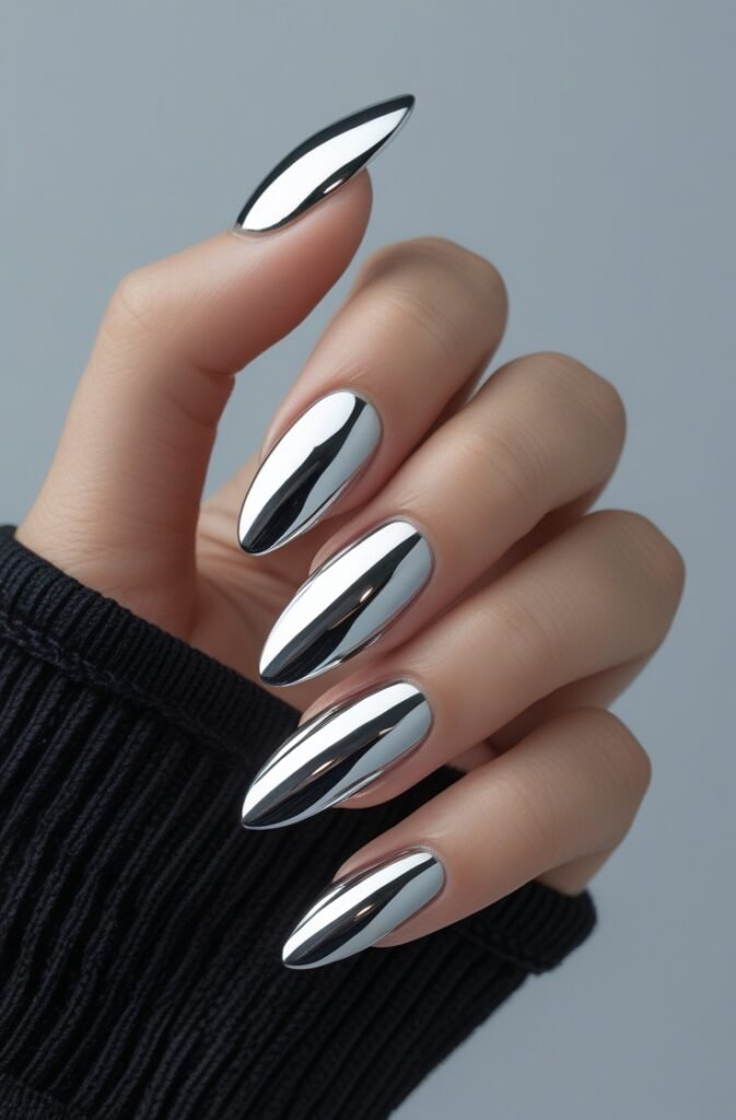 13. Almond Nails with Silver Chrome Finish