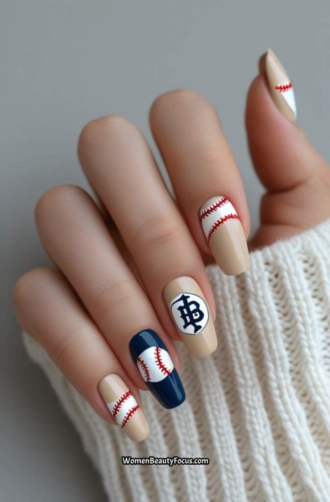 13. Baseball Logo Accent Nails