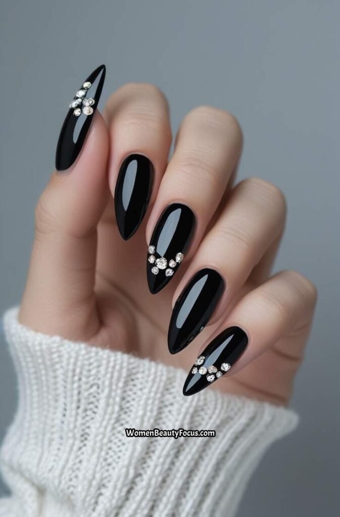13. Black French Tips with Crystal Accents