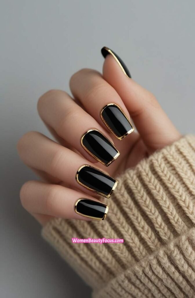 13. Black Nails with Metallic Gold Borders