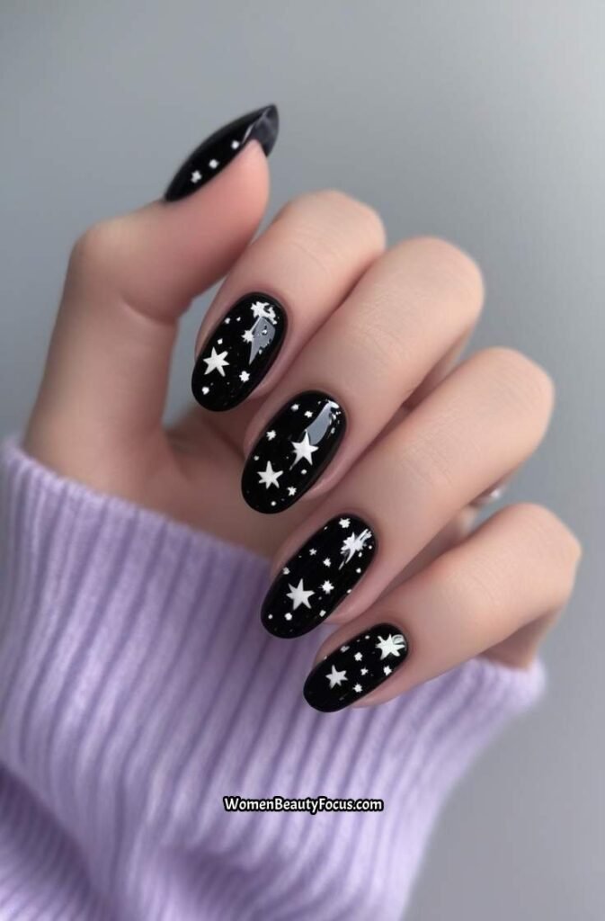 13. Black Nails with White Star Accents