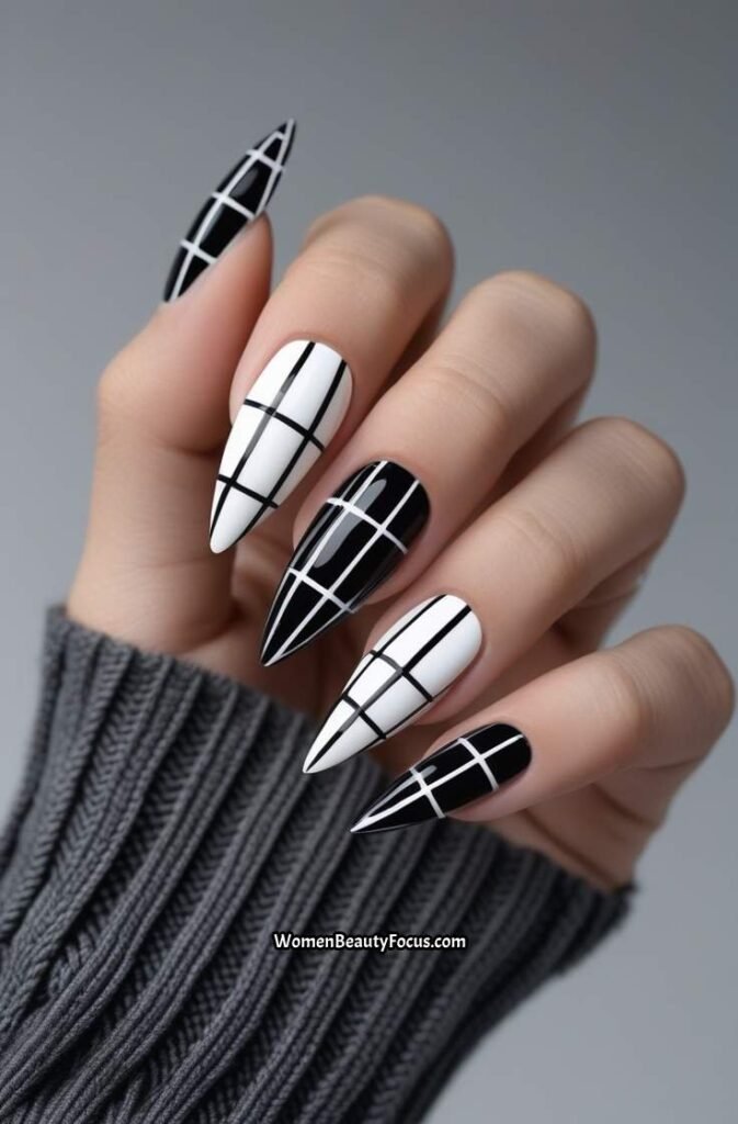 13. Black and White Graphic Plaid Nails