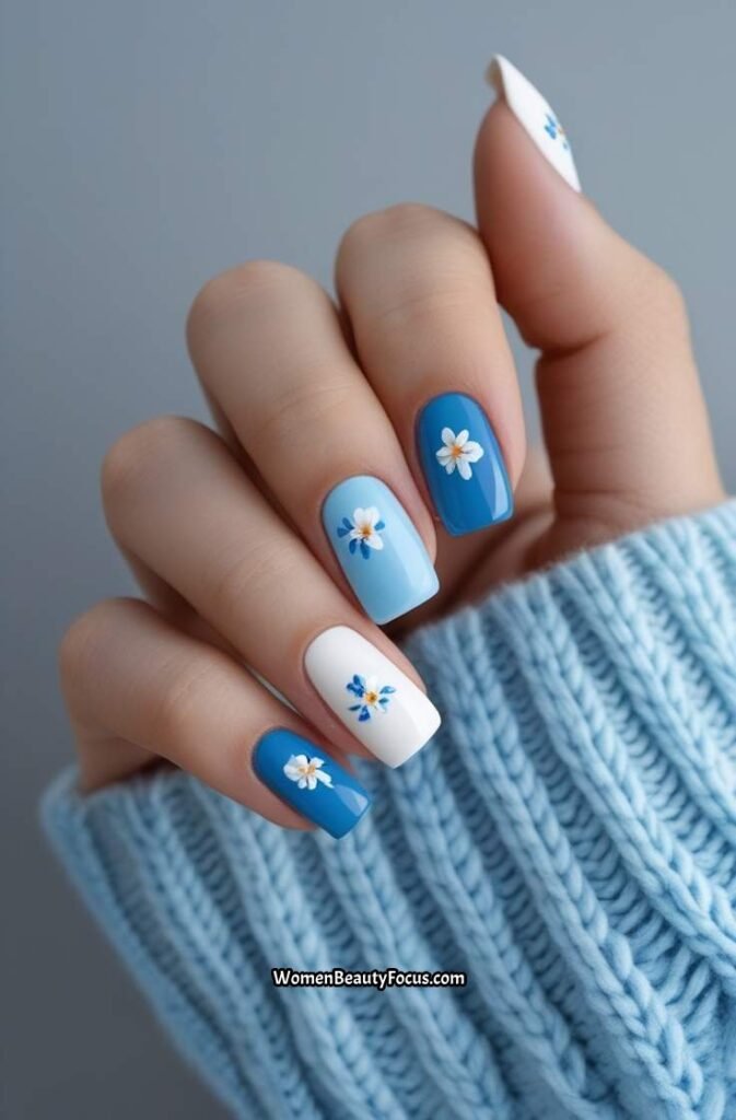 13. Blue and White Floral Accent Nails
