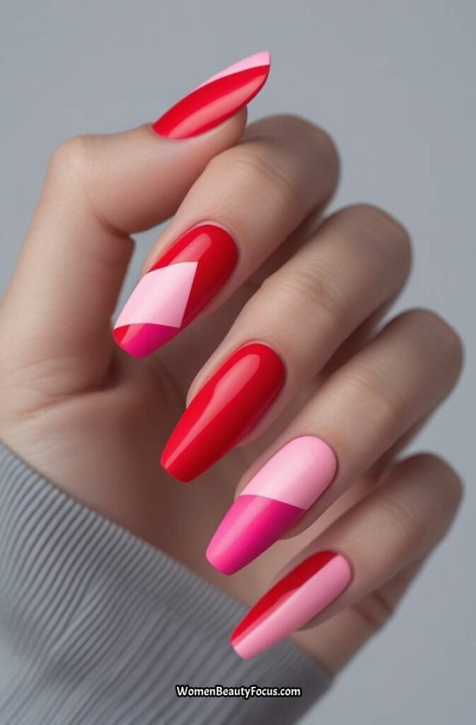 13. Bold Red and Pink Geometric Nails