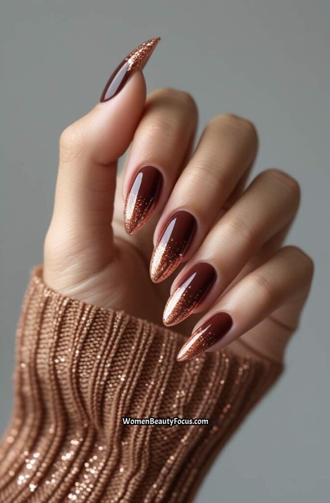 13. Cherry Brown Nails with Glitter Fade