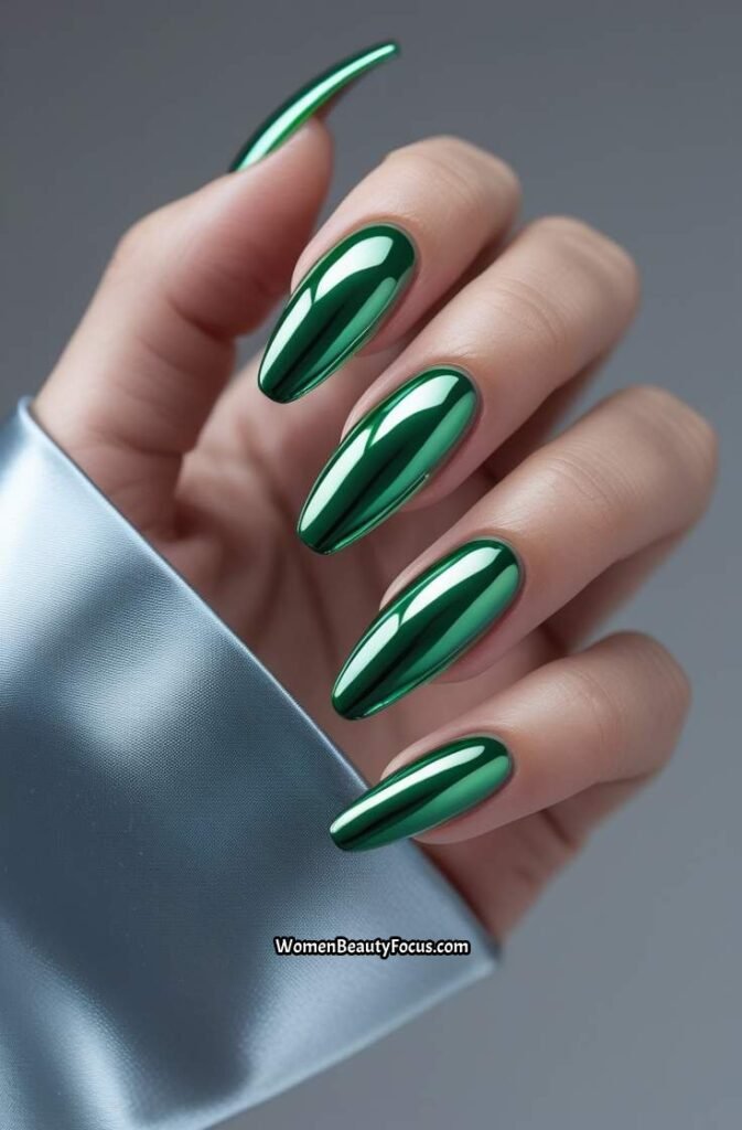 13. Chrome Green Nails with Mirror Shine
