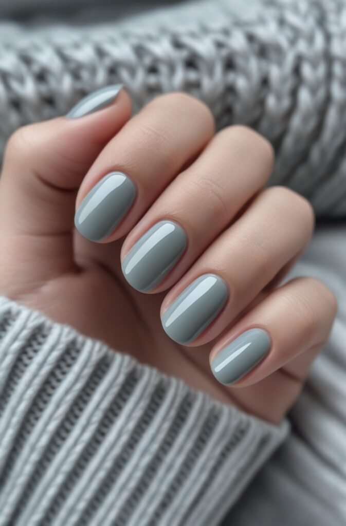 13. Creamy Grey Nails with Glossy Topcoat
