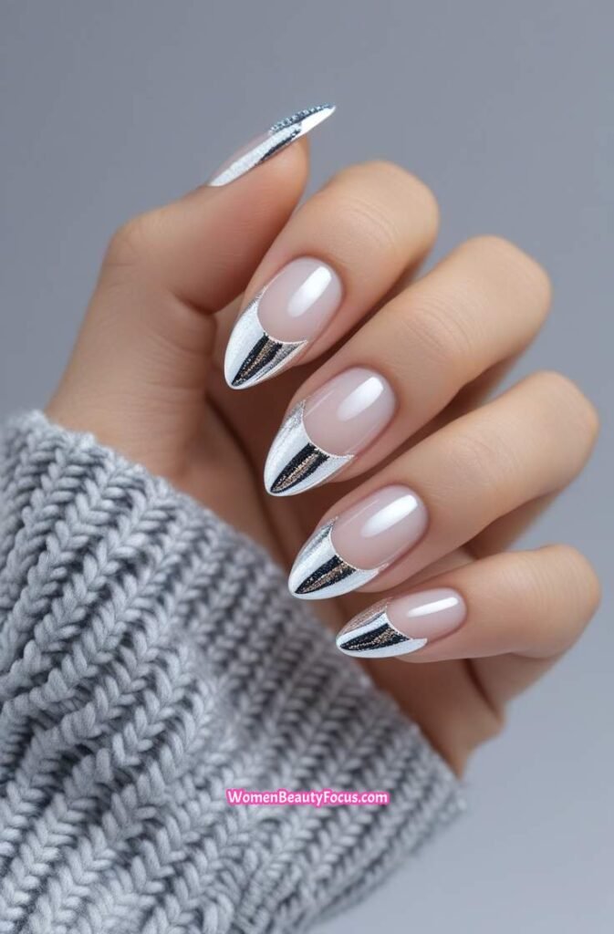 13. French Nails with Chrome White Tips