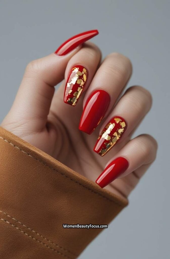 13. Glossy Red Coffin Nails with Gold Foil