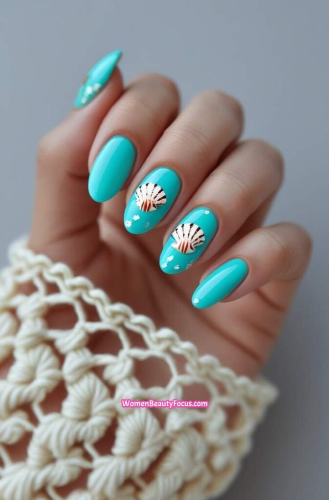 13. Glossy Turquoise Nails with Shell Accents
