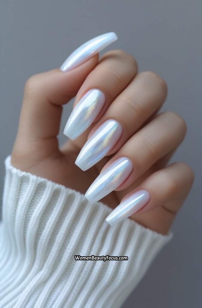 13. Icy White Coffin Nails with Subtle Iridescent Sheen