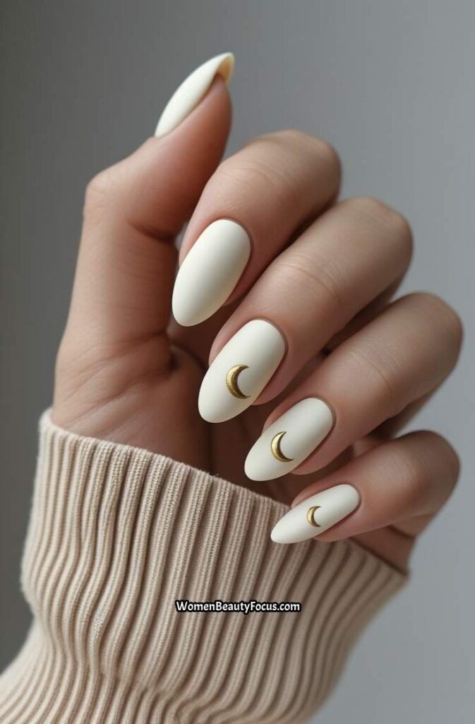 13. Ivory Nails with Gold Crescent Moons