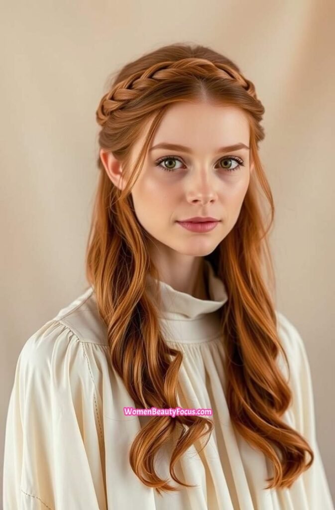 13. Long Copper Hair with Braided Crown Front View