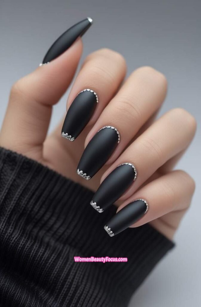 13. Matte Black Chrome Nails with Silver Detailing