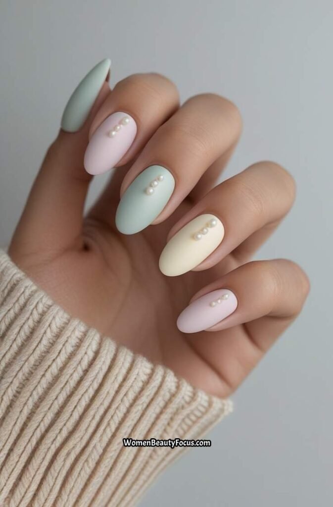 13. Matte Pastel Nails with Pearl Accents