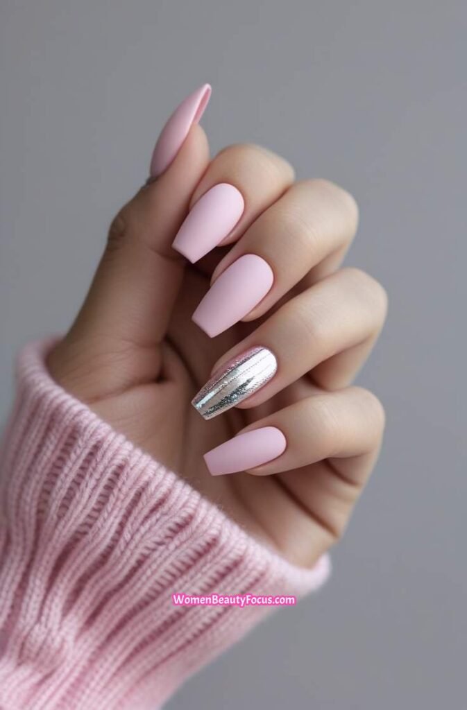 13. Matte Pink Nails with Silver Foil