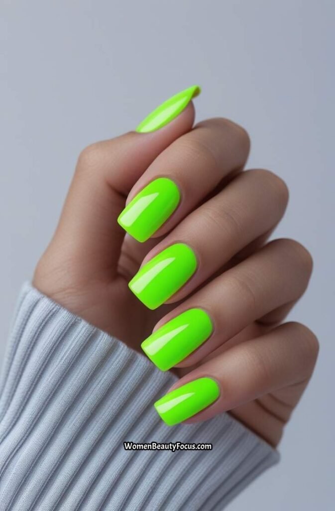 13. Neon Green Square Nails with Gloss Finish