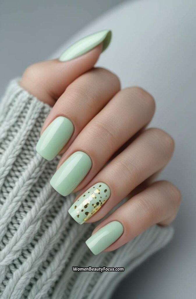 13. Pale Mint Green Nails with Minimal Gold Foil