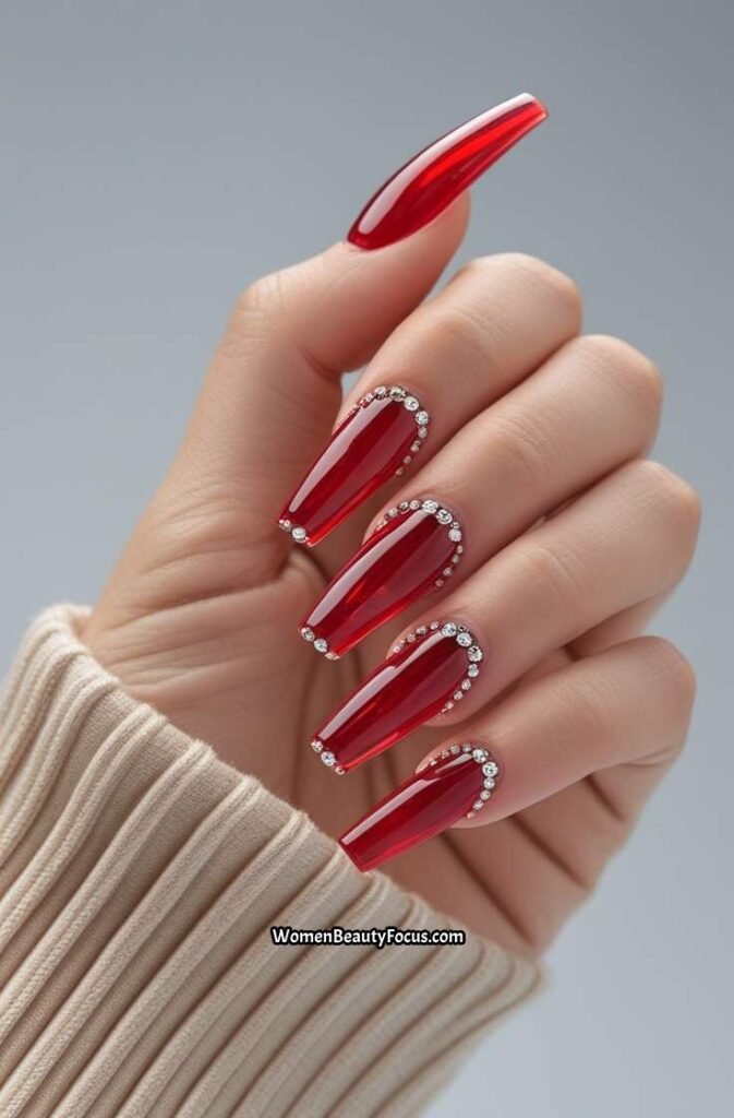 13. Red Glass Nails with Rhinestone Cuticles