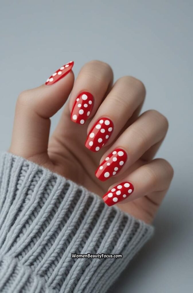 13. Red Nails with White Dot Patterns