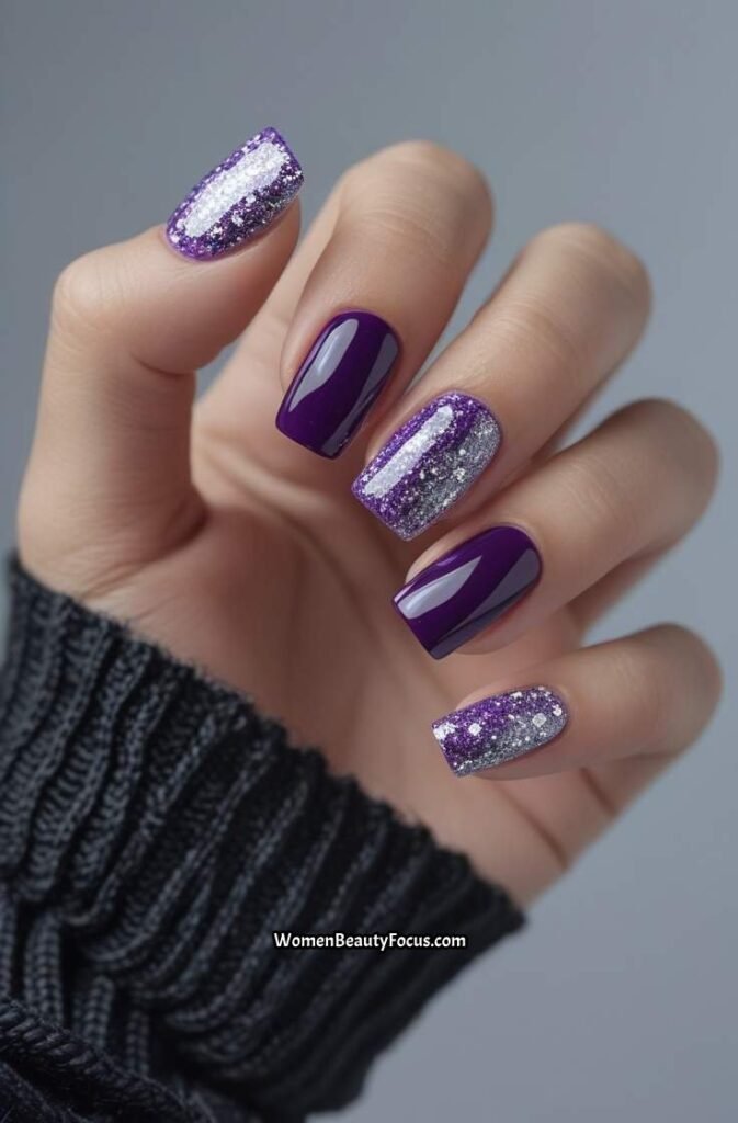 13. Short Acrylic Nails with Purple and Silver Glitter