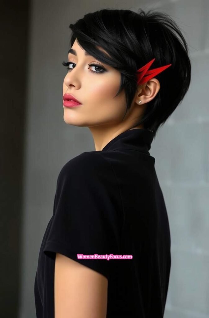 13. Short Black Hair with Red Streaks FrontStraight View