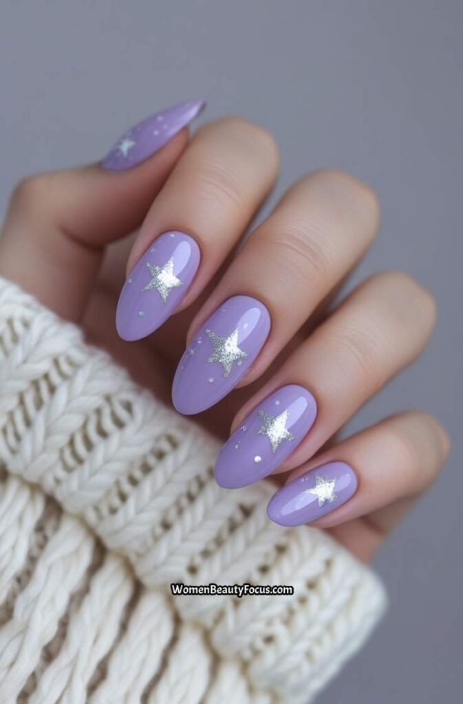 13. Soft Lavender Nails with Glitter Stars