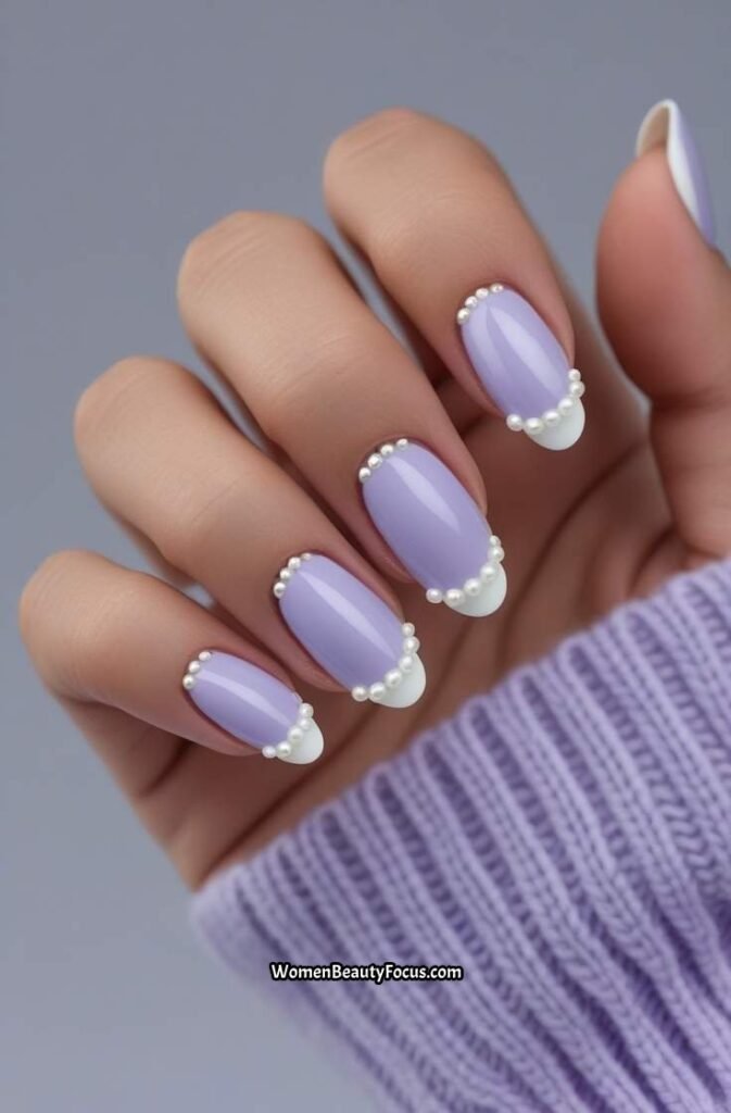 13. Soft Lilac French Tip Nails with Pearls