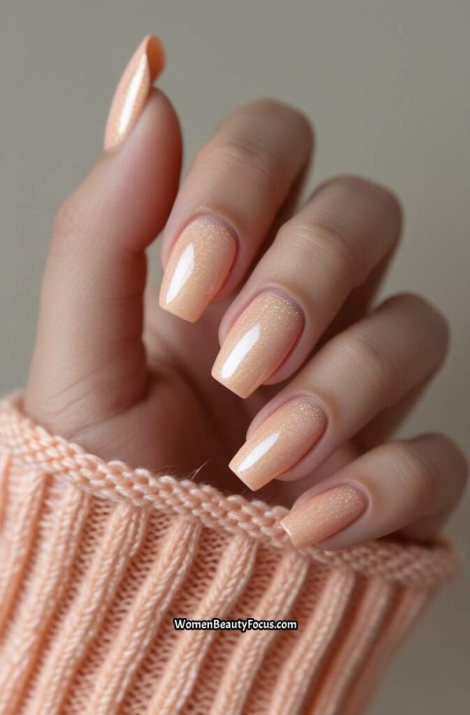 13. Soft Peach Nails with Pearlescent Finish