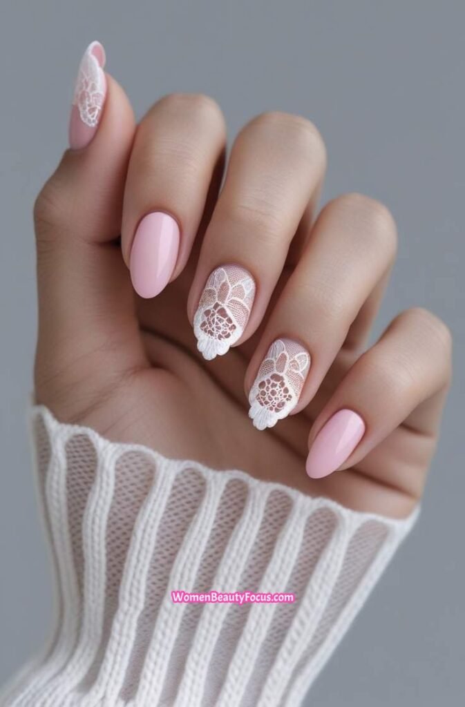 13. Soft Pink Nails with a White Lace Detail