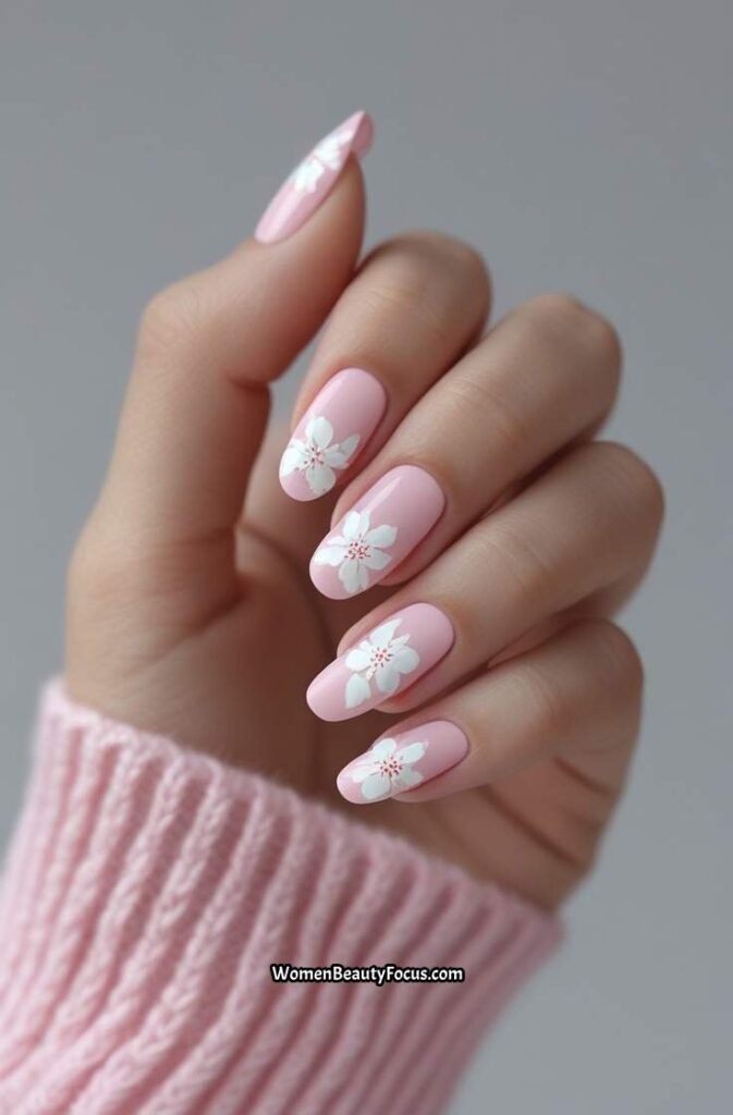 13. Soft Pink and White Flower Nails