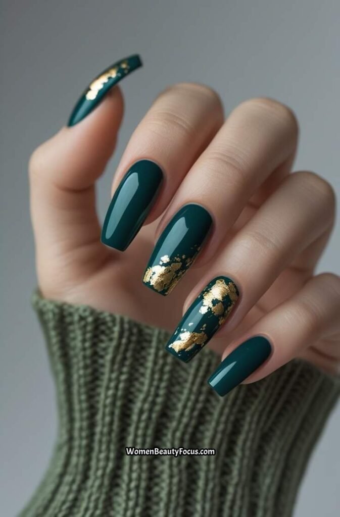 13. Teal Coffin Nails with Gold Foil